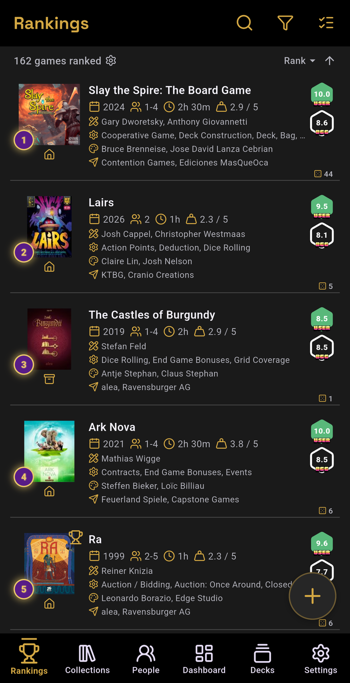 Board Game Ranker on Android, showing a ranked list of board games