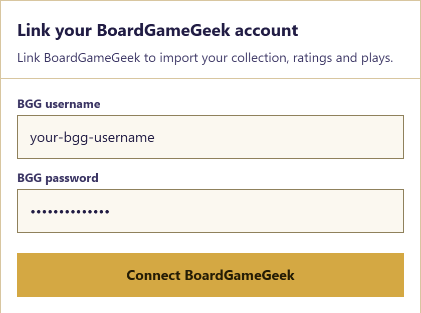 Board Game Ranker form to connect a BoardGameGeek account, with username and password fields
